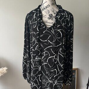 DKNY Black and White Abstract Print Blouse with Tie Detail - Size XL